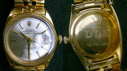 Gold Rolex Datejust owned by President Dwight D. Eisenhower, showing both the front and back with engraved initials DDE.