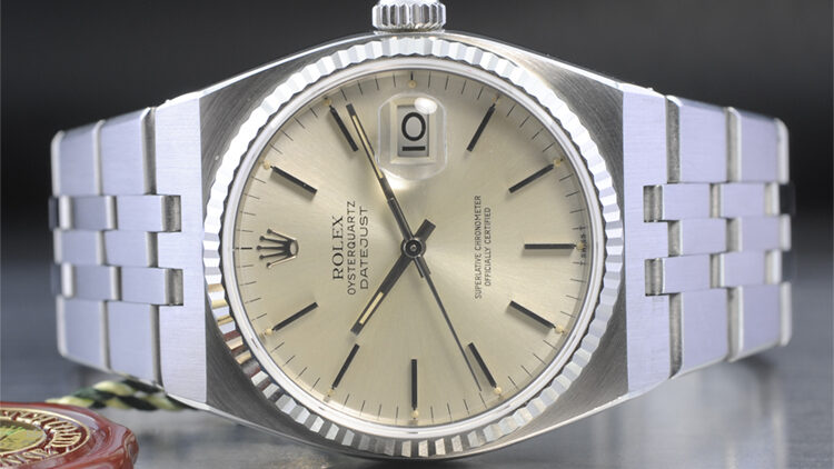 Rolex Datejust Oysterquartz with a stainless steel bracelet and champagne dial.